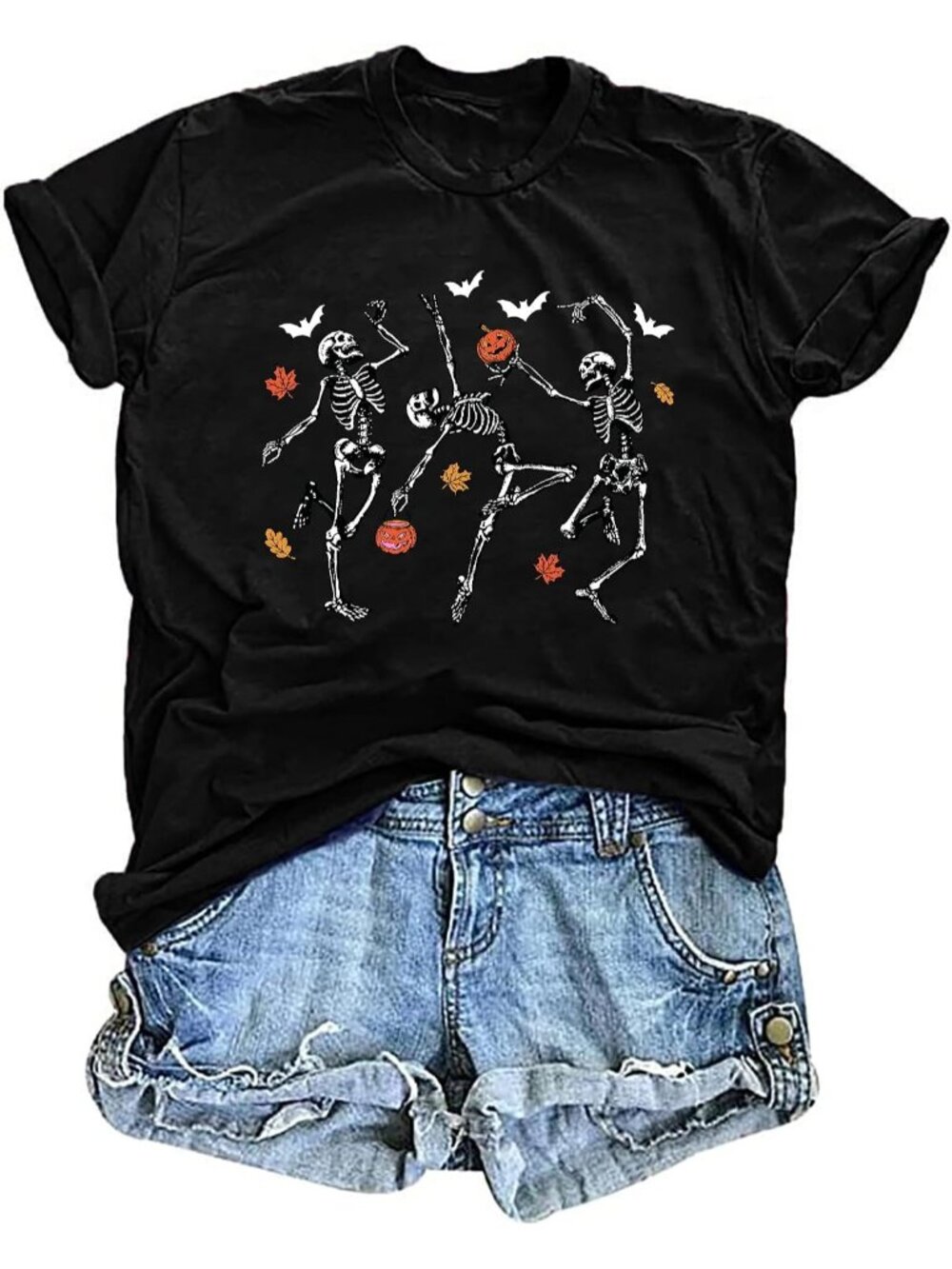 🆕 Women's Black Dancing Skeleton Pumpkin Bat Fall Halloween Graphic Tee